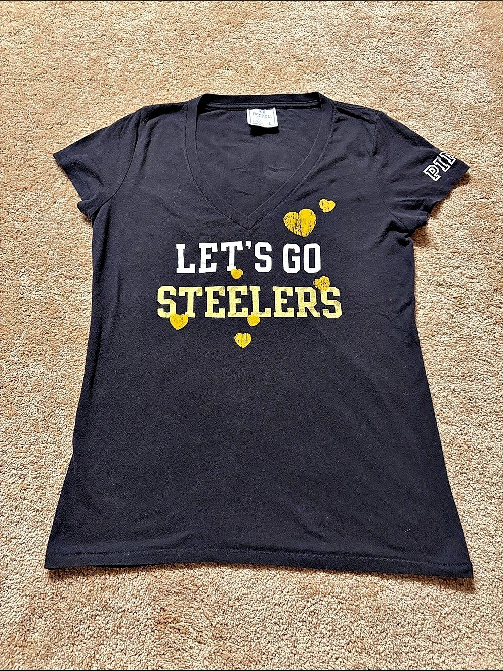PINK Women's Steelers V-Neck Tee Black Large